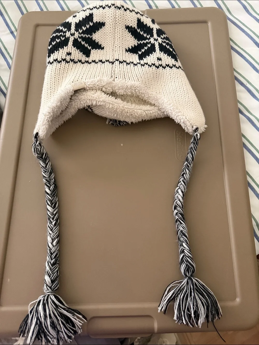 Kids Knit Earflap Hat with Black Snowflake Pattern - Cream